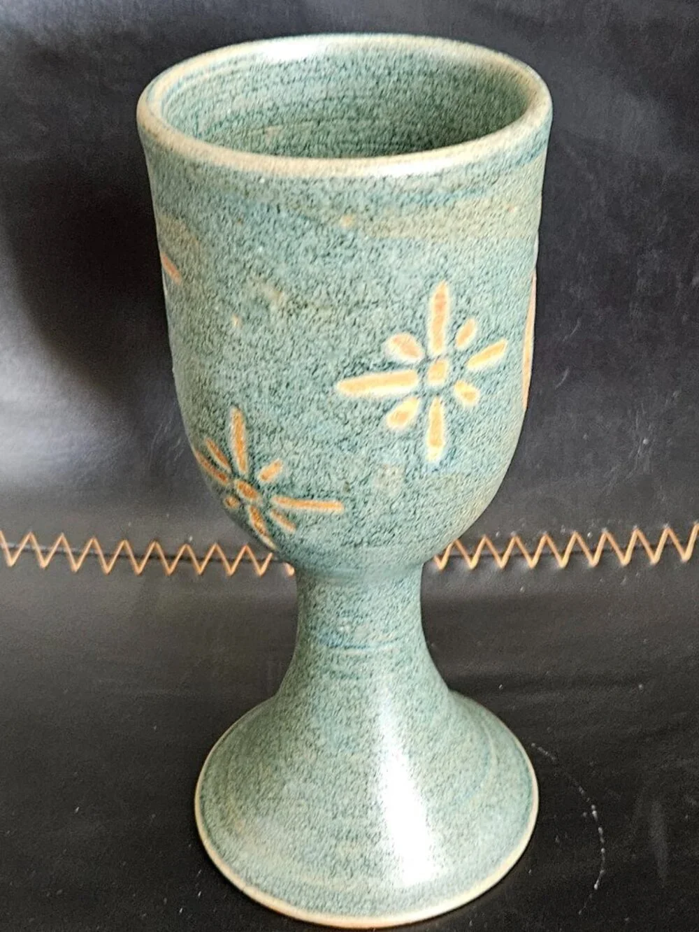 Vintage Kokopelli Studio Pottery Wine Goblet Signed Moki Blue Teal Glazed 2000